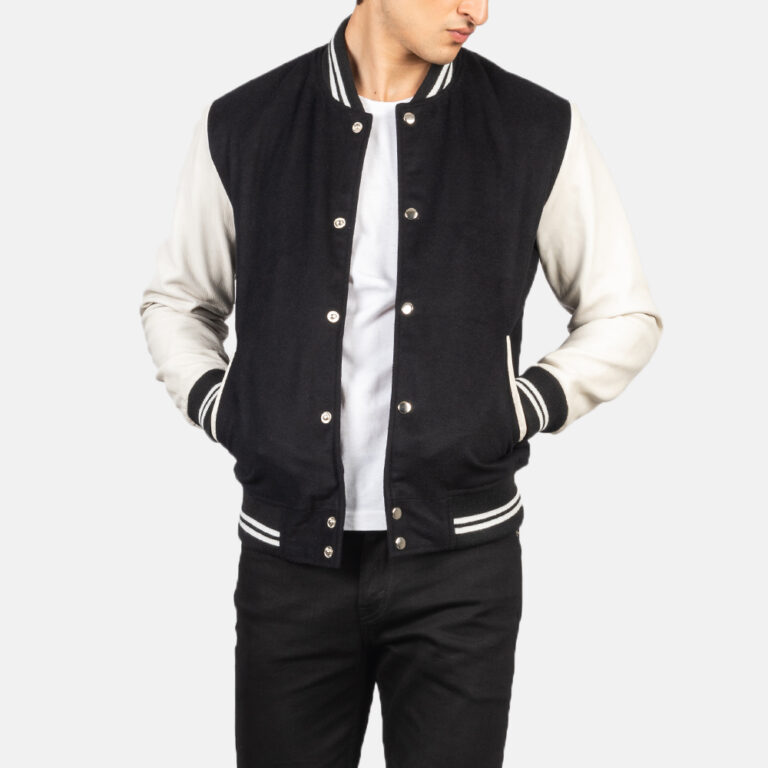 Mens Vaxton Black & White Hybrid Varsity Jacket Open Front-4-1634136219078